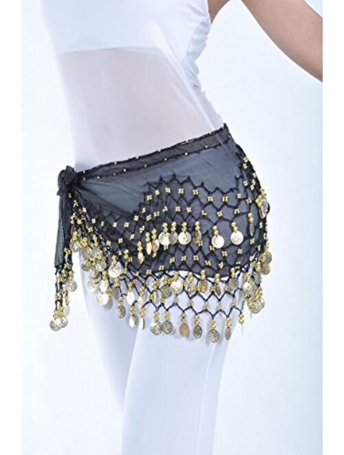 Women Chiffon Dangling Gold Coins Belly Dance Hip Skirt Scarf Wrap Belt