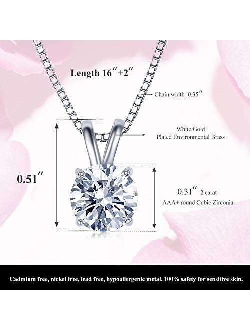 UMODE 18K White Gold Plated Cubic Zirconia Necklace for Women-2 Carat CZ Solitaire Pendant Necklace for Women