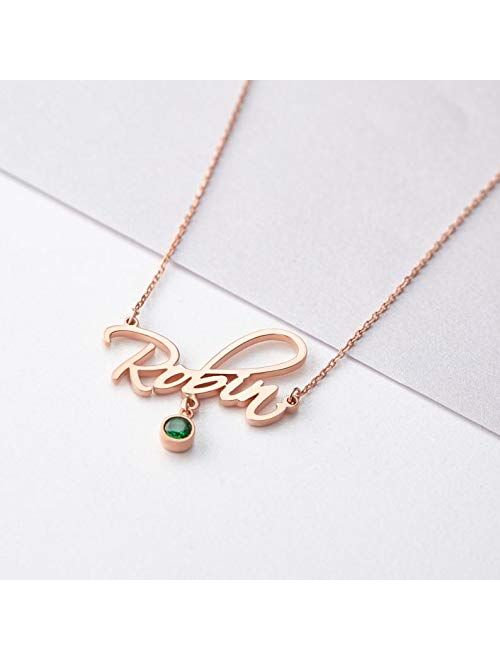YoPicks Name Necklace Personalized with Birthstone Sterling Silver Custom Made Nameplate Necklace for Mothers Day