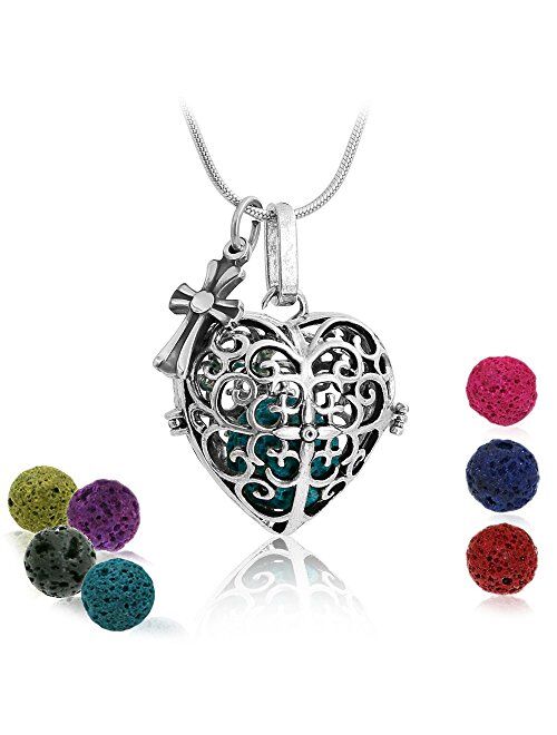 Maromalife Diffuser Pendant Necklace Love Heart Pendant Lava Stone Diffuser Necklace Essential Oil Necklace for Women 24 Inches Chain with 7 Lava Stone