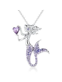 luomart Fashion Mermaid Birthstone Necklace Jewelry White Gold Plated Austrian Crystal Pendant Gift for Girls Women