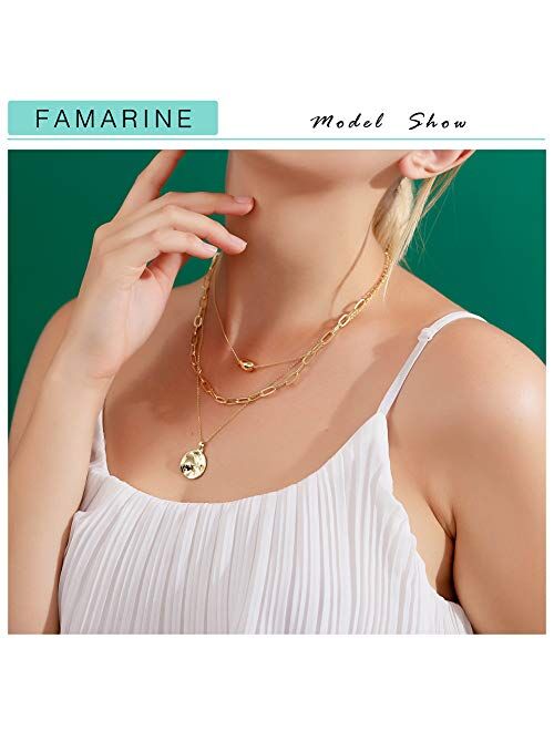 FAMARINE Gold Layered Pendant Long Necklace, 3 Layer Choker Necklace Chain Pendant Costume Jewelry for Women