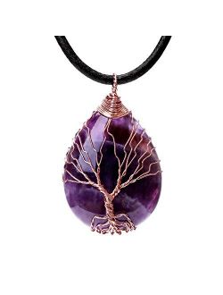 POTESSA Tree of Life Teardrop Heart Amethyst Opal Pendant Necklace Copper Wire Wrapped Gemstone Healing Chakra Necklace Choker 18
