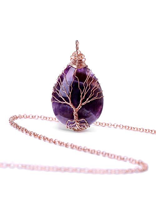 POTESSA Tree of Life Teardrop Heart Amethyst Opal Pendant Necklace Copper Wire Wrapped Gemstone Healing Chakra Necklace Choker 18