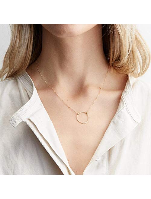 Befettly Moon Pendant Necklace 14K Gold Fill Dainty Hammered Moon Phase Gold Choker Simple Crescent Moon Full Moon Karma Circle Choker Necklace