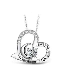 T400 925 Sterling Silver Necklace I Love You to The Moon and Back White Cubic Zirconia Moon Heart Pendant Birthday Gift for Women Girls