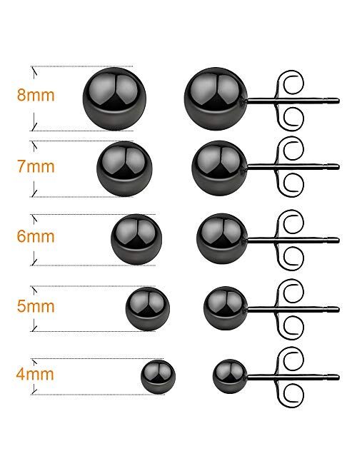 UHIBROS Hypoallergenic Studs Earrings 316L Surgical Stainless Steel Round Ball Earring 5 Pairs Assorted Sizes(4mm-8mm)