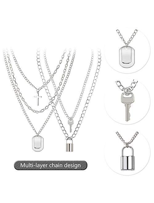 BVROSKI Chains Necklace for Eboy Egirl Men Male Emo Goth Women Teen Girls Boys,2 Layered Lock Key Pendants Necklaces Set,Stainless Steel Jewelry Pack for Pants Punk Play
