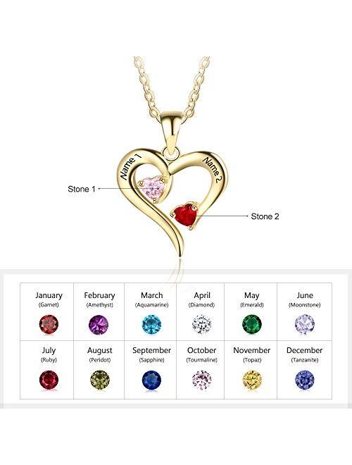 Sterling Silver Personalized 2 Names Simulated Birthstones Necklaces 2 Couple Hearts Name Engraved Pendants for Women