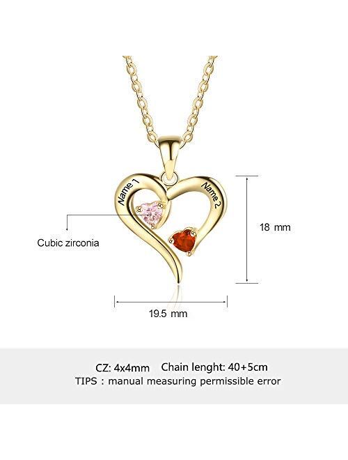 Sterling Silver Personalized 2 Names Simulated Birthstones Necklaces 2 Couple Hearts Name Engraved Pendants for Women