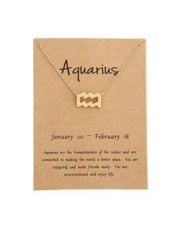 HOLY KT 12 Constellation Zodiac Pendant Necklace Astrology Gold Tone Chain with Gold Message Card for Women Jewelry
