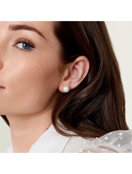 THE PEARL SOURCE Round White Freshwater Real Pearl Earrings for Women - 14k Gold Stud Earrings | Hypoallergenic Earrings with Genuine Cultured Pearls, 6.0mm-12.00mm