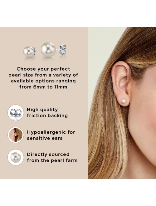 THE PEARL SOURCE Round White Freshwater Real Pearl Earrings for Women - 14k Gold Stud Earrings | Hypoallergenic Earrings with Genuine Cultured Pearls, 6.0mm-12.00mm