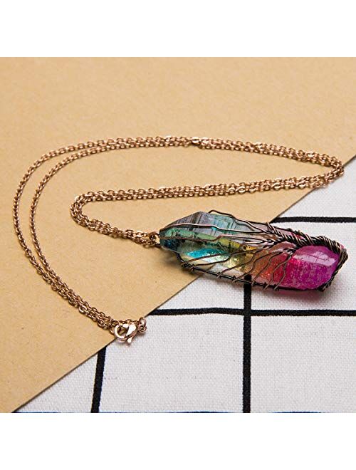 Bivei Tree of Life Copper Wire Wrapped Natural Quartz Necklace Reiki Healing Crystal Point Chakra Pendant Jewelry Gift for Women