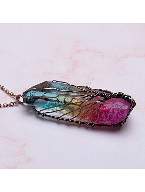 Bivei Tree of Life Copper Wire Wrapped Natural Quartz Necklace Reiki Healing Crystal Point Chakra Pendant Jewelry Gift for Women