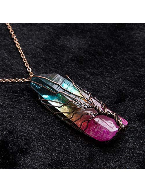Bivei Tree of Life Copper Wire Wrapped Natural Quartz Necklace Reiki Healing Crystal Point Chakra Pendant Jewelry Gift for Women