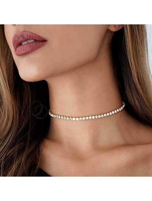 EFTOM Women Crystal Choker Necklace Gold Silver Cup Chain Clear Rhinestone Necklace 1 or 2pcs Pack