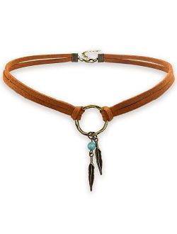 Suede Choker Necklace for Women, Native American Indian Jewelry Bohemian Feather Handmade Leather Jewelry