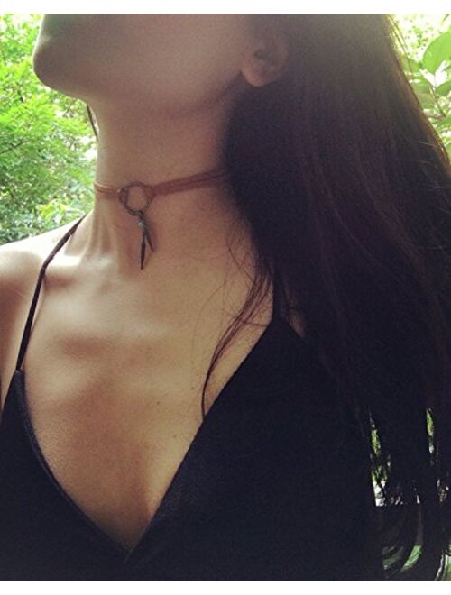 Suede Choker Necklace for Women, Native American Indian Jewelry Bohemian Feather Handmade Leather Jewelry