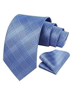 Extra Long Ties for Men Plaid Checkered Tie Handkerchief Woven Classic Silk Men's Necktie & Pocket Square Set