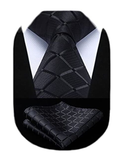 Extra Long Ties for Men Plaid Checkered Tie Handkerchief Woven Classic Silk Men's Necktie & Pocket Square Set