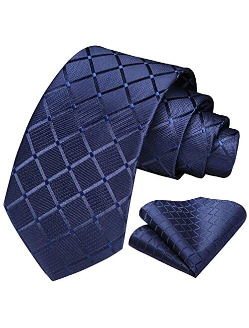 HISDERN Extra Long Ties for Men Plaid Checkered Tie Handkerchief Woven Classic Silk Men's Necktie & Pocket Square Set