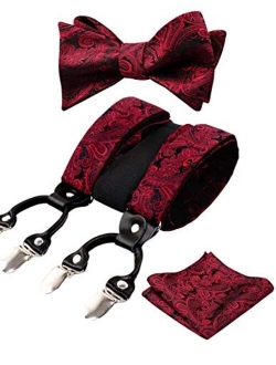 Alizeal Mens Adjustable Paisley Bow Tie, Pocket Square and Clips Suspenders