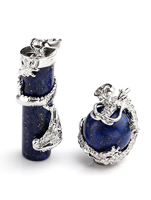 Jovivi 2pc Dragon Wrapped Round Ball Cylinder Gemstone Healing Crystal Pendant Necklaces Set