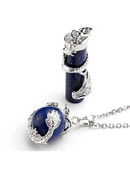Jovivi 2pc Dragon Wrapped Round Ball Cylinder Gemstone Healing Crystal Pendant Necklaces Set