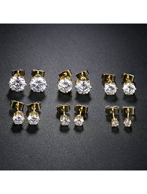 GEMSME 18K Yellow Gold Plated Round Cubic Zirconia Stud Earrings Pack of 6