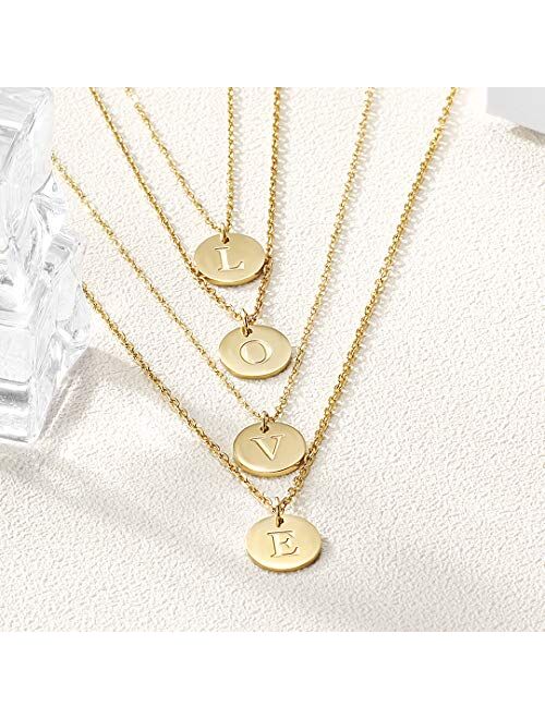 Initial Necklace, 14K Gold Plated Letter Necklace Round Disc Double Side Engraved Hammered Name Pendant Necklace with Adjustable Chain Pendant Enhancers