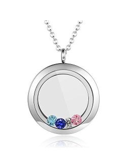 EVERLEAD Living Memory Floating Round Locket Pendant Charms Necklace 316L Stainless Steel Toughened Glass Free Chain and Zircon