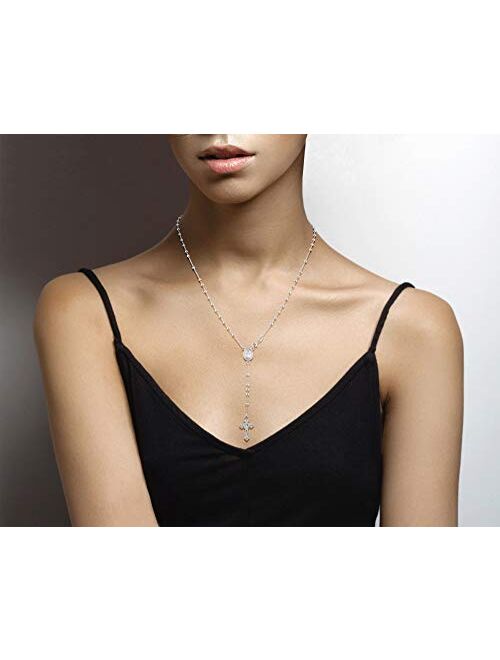 Miabella 925 Sterling Silver Italian Rosary Bead Cross Y Necklace Chain for Women Men, 20 Inch
