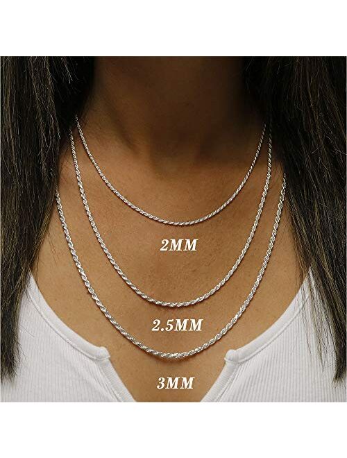 Verona Jewelers 925 Sterling Silver Diamond-Cut Rope Chain Solid Link Necklace 2MM 2.5MM 3MM- Braided Twist Necklace, Men Women Boys Girls, Jewelry Accessories Made in It
