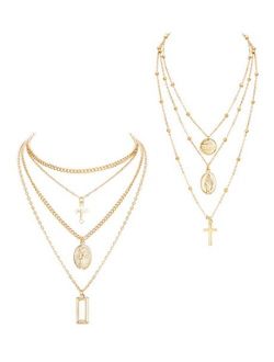 ORAZIO 2PCS Layered Choker Necklaces for Women Tag Coin Cross Crucifix Blessed Virgin Mary Pendant Necklace Chain Silver Tone Gold Tone