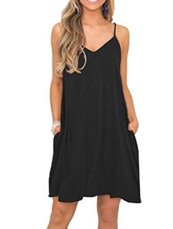 MISFAY Women's Summer Spaghetti Strap Casual Swing Tank Beach Cover Up Dress with Pockets