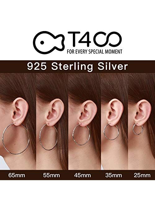 T400 925 Sterling Silver Hoops 2mm Diamond Cut Round Circle Lightweight Hoop Earrings Small and Large 25 35 45 55 65 70 mm Gift for Women Girls