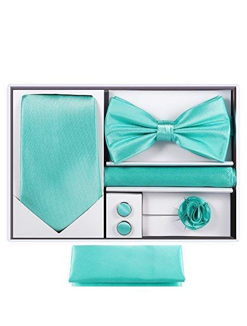 TIE G 5pcs Tie Set in Gift BOX WHITE OR BLACK: Solid Color Necktie, Satin Bow Tie, Pocket Square, Lapel, Cuff Links
