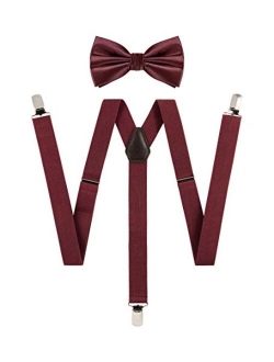 TIE G Solid Color Men's Suspender + Woven Bow Tie Set for Wedding : Vivid Color, Adjustable Brace, Strong Clip, Elastic Band