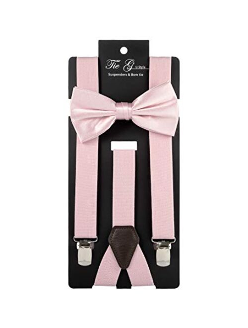 TIE G Solid Color Men's Suspender + Woven Bow Tie Set for Wedding : Vivid Color, Adjustable Brace, Strong Clip, Elastic Band