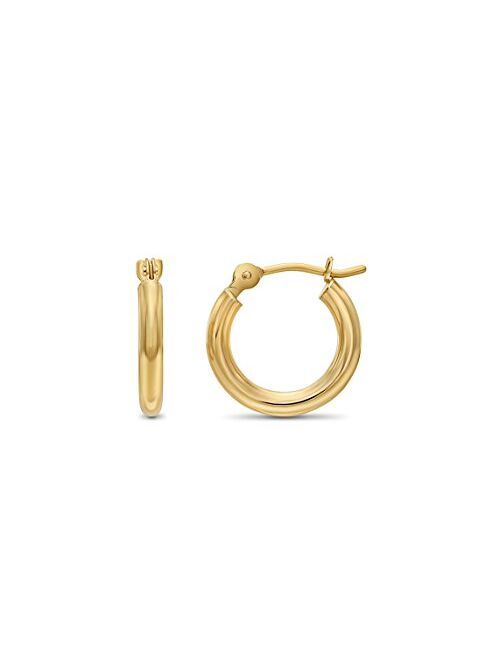 TILO JEWELRY 14k Yellow Gold Classic Shiny Polished Round Hoop Earrings, 2mm tube