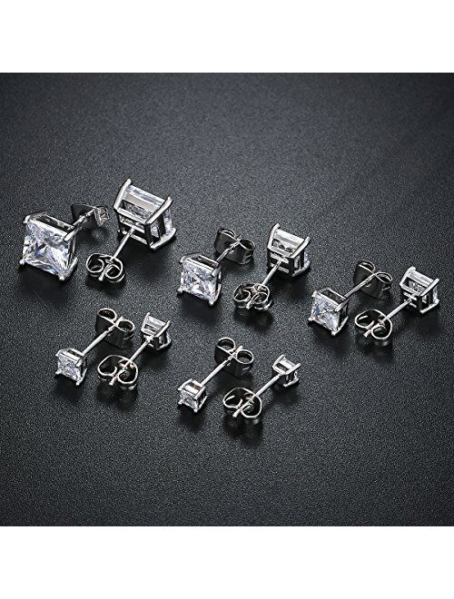 18K White Gold Plated Princess Cut Clear Cubic Zirconia Stud Earrings Pack of 5