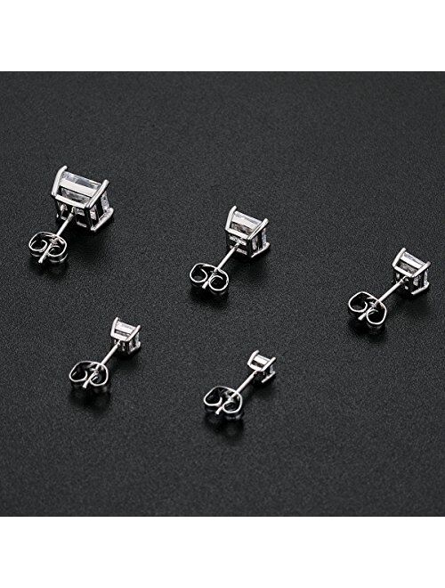 18K White Gold Plated Princess Cut Clear Cubic Zirconia Stud Earrings Pack of 5