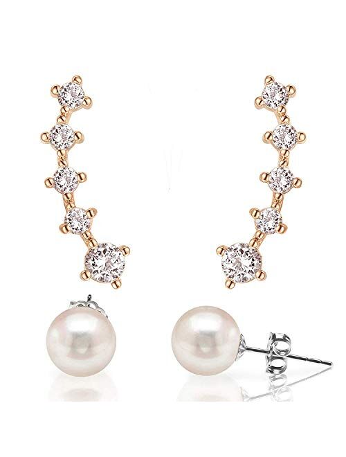 Pavoi FREE Pearl Earrings With 14K Gold Plated Sterling Silver Post Crawler Earring Cuff Climber Earrings