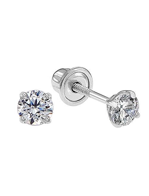 TILO JEWELRY 14k White Gold Solitaire Round Cubic Zirconia CZ Stud Earrings in Secure Screw-backs