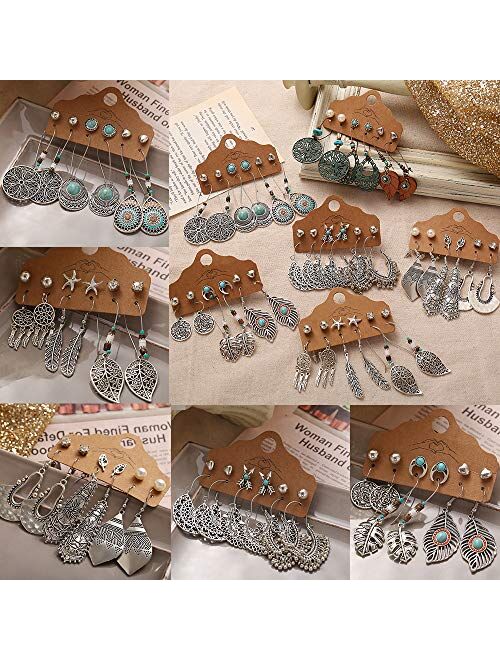 36 Pairs Fashion Vintage Drop Dangle Earrings Set for Women Girls Bohemian Earrings with Hollow Leaf Waterdrop Jewelry for Birthday/Party/Christmas Gifts
