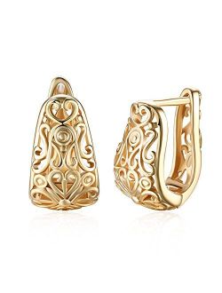 Dainty 14K Gold Plated Filigree Wide Stud Small Hoop Earrings for Women Girls Oval Hollowed-out Fashion Texture Love Heart Chunky Huggie Hoops Hypoallergenic for Sensitiv