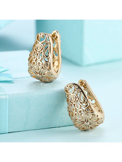 Dainty 14K Gold Plated Filigree Wide Stud Small Hoop Earrings for Women Girls Oval Hollowed-out Fashion Texture Love Heart Chunky Huggie Hoops Hypoallergenic for Sensitiv