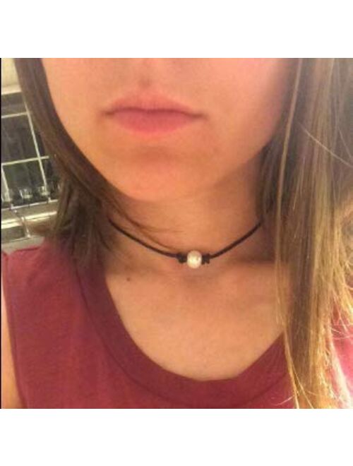 Single Pearl Choker Necklace on Genuine Leather Cord for Women Handmade Choker Jewelry Gift