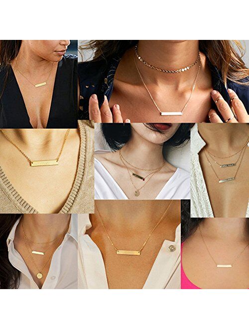 LOYALLOOK Stainless Steel Gold Tone Initial Bar Necklace Alphabet Pendant Necklace 16" with 2" extender for Women Mothers Necklace